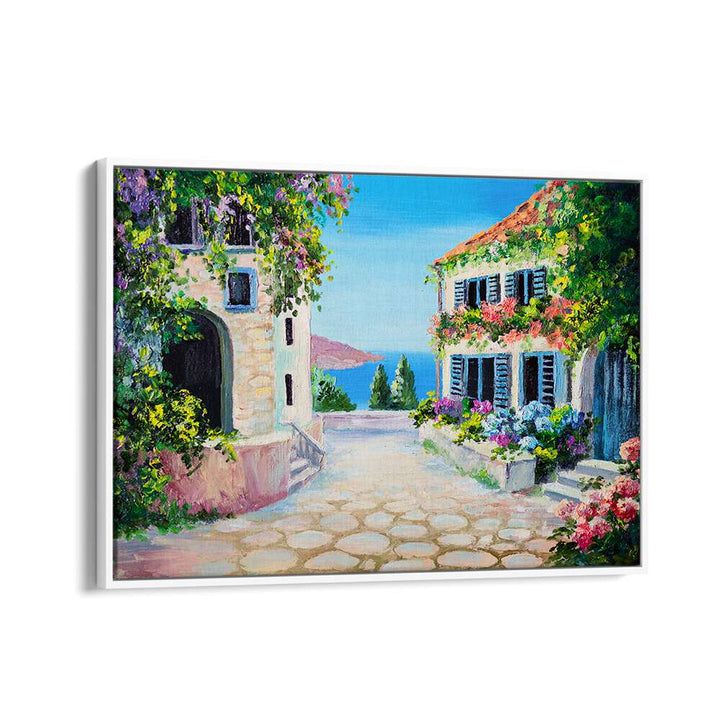 Stone Bridge Houses Vintage European Paintings in White Floater Frame