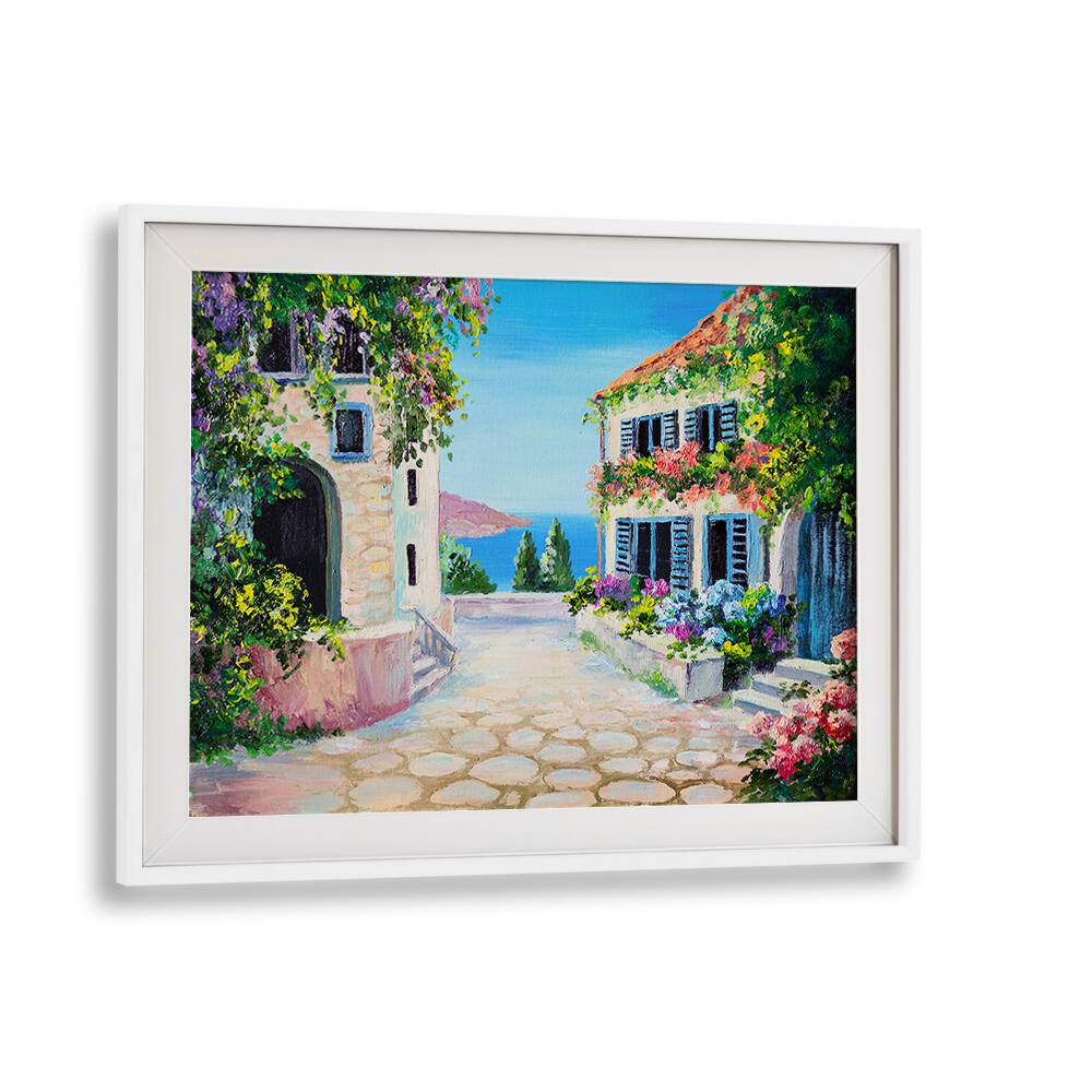 Stone Bridge Houses Vintage European Paintings in White Frame With Mount