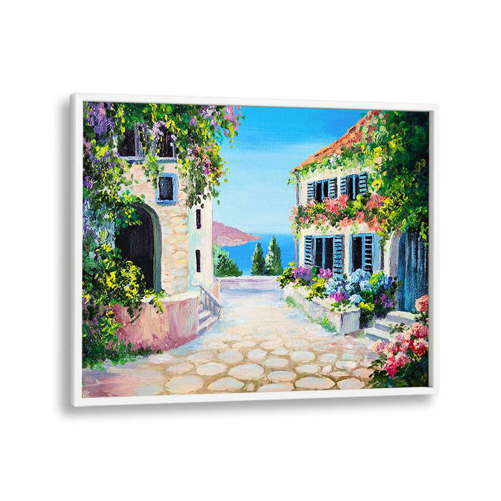 Stone Bridge Houses Vintage European Paintings in White Plain Frame