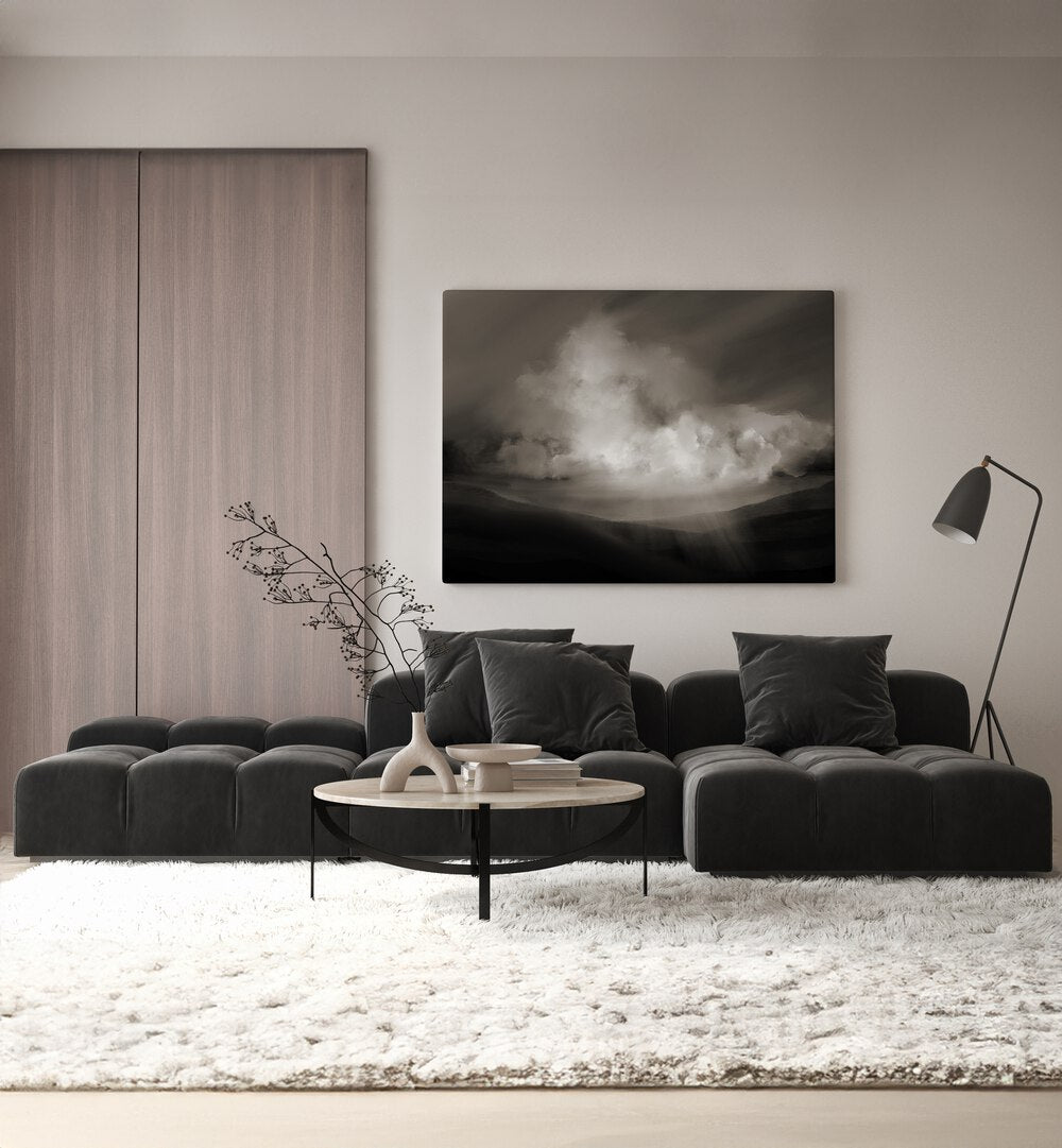 Storm By Dan Hobday Abstract Art Abstract Paintings in Gallery Wrap placed on a Cream Colored Wall near a Black Sofa in the Living Room