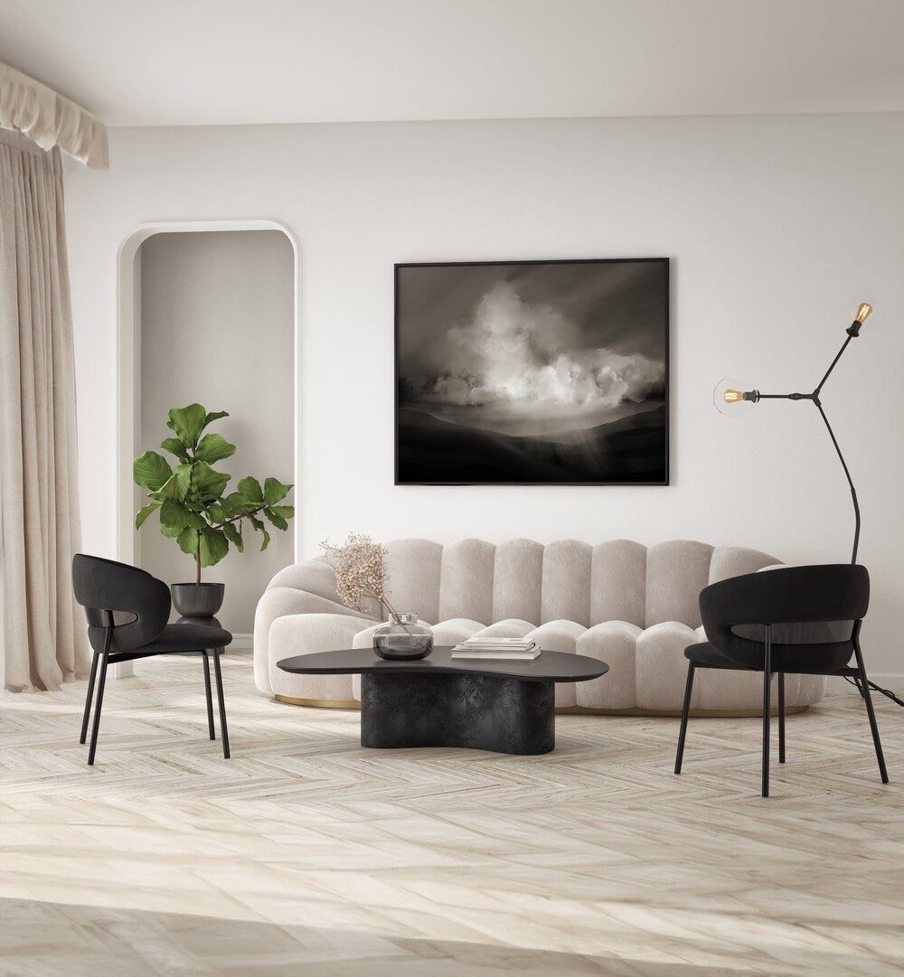 Storm By Dan Hobday Abstract Art Abstract Paintings in Black Plain Frame placed on a White Colored Wall near a Beige Sofa in the Living Room