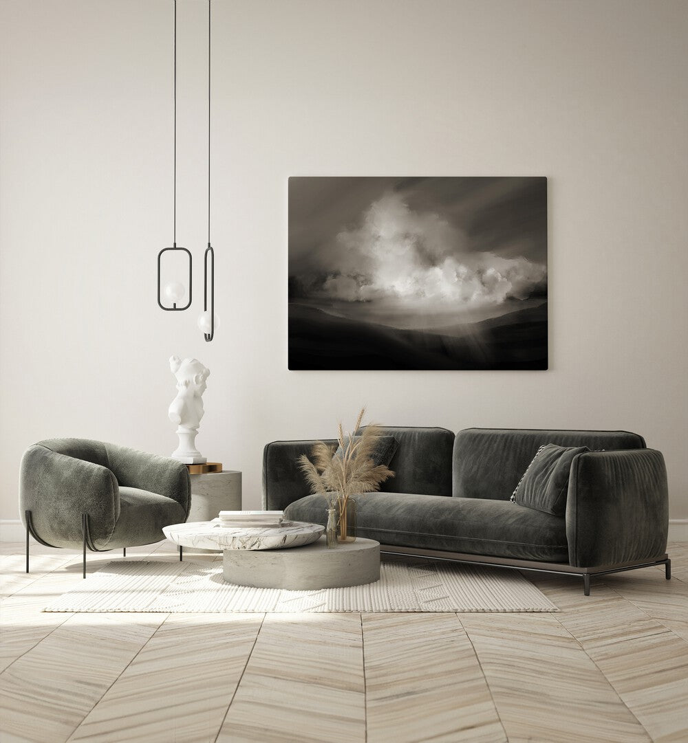 Storm By Dan Hobday Abstract Art Abstract Paintings in Gallery Wrap placed on a Cream Colored Wall near a Dark grey Sofa in the Living Room