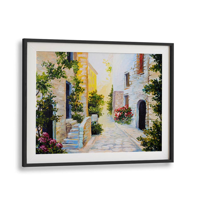 Charming street scene from STORYBOOK ABODES, VINTAGE EUROPEAN PAINTINGS, framed elegantly for timeless appeal.