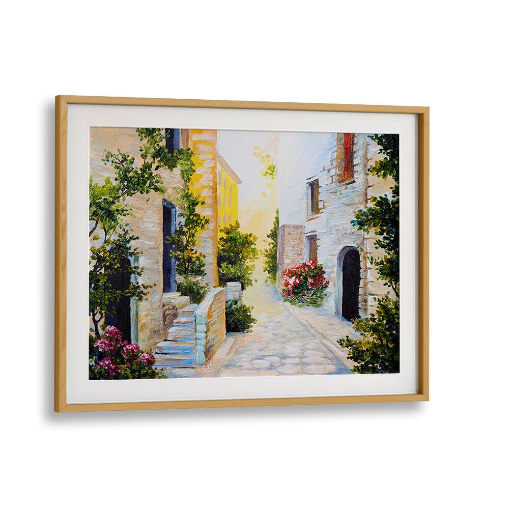 Charming street scene framed in oak, capturing the essence of STORYBOOK ABODES, VINTAGE EUROPEAN PAINTINGS.