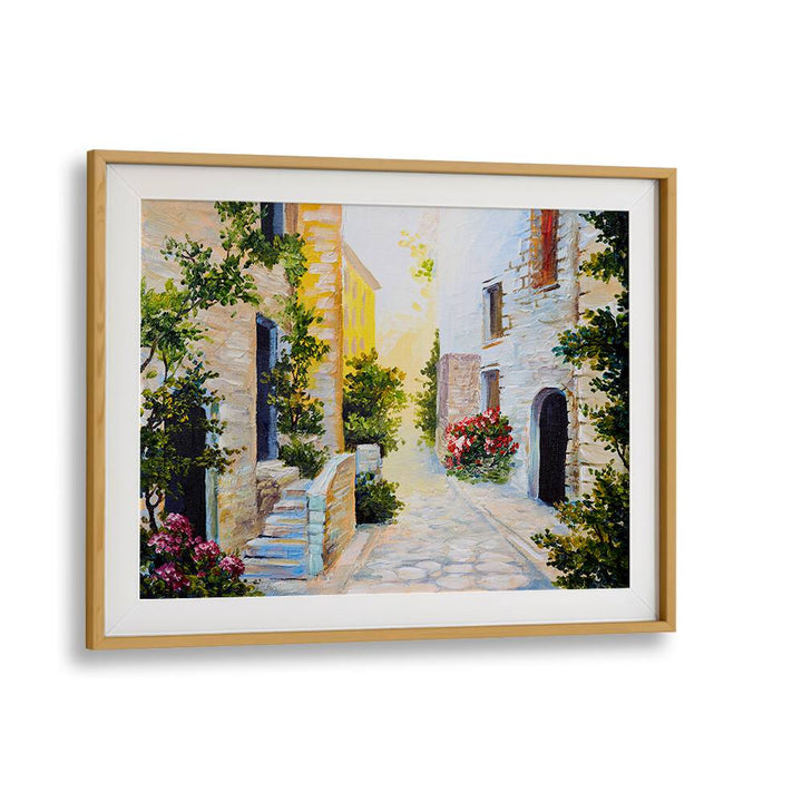 Charming street scene framed in oak, capturing the essence of STORYBOOK ABODES, VINTAGE EUROPEAN PAINTINGS.