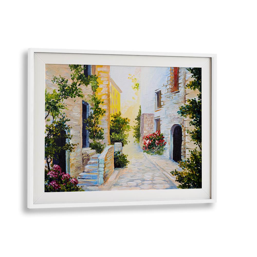 Beautifully framed STORYBOOK ABODES, VINTAGE EUROPEAN PAINTINGS showcasing a charming sunlit street scene.