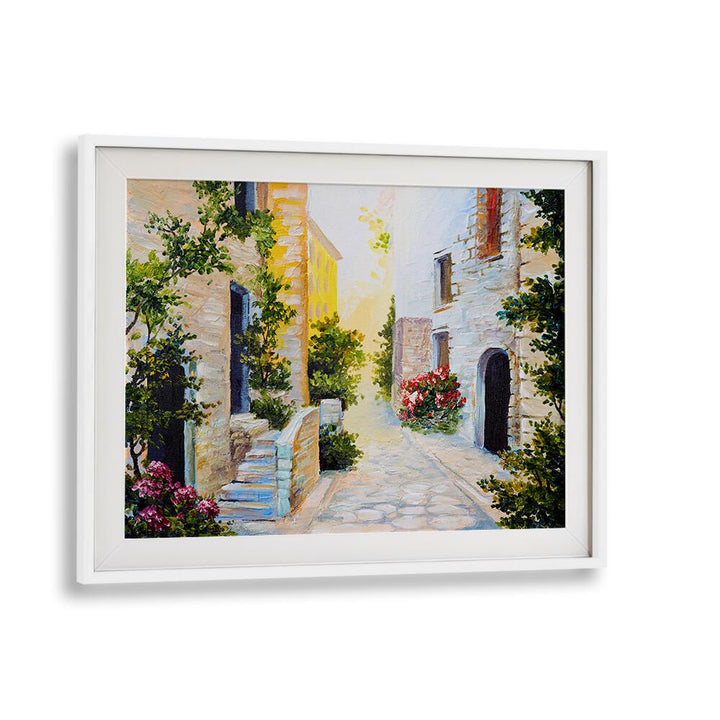 Beautifully framed STORYBOOK ABODES, VINTAGE EUROPEAN PAINTINGS showcasing a charming sunlit street scene.
