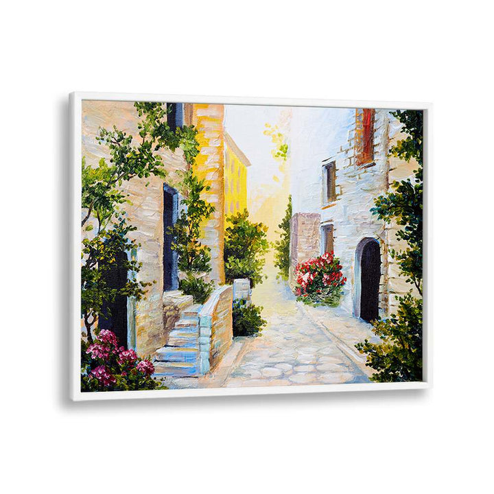 Charming alley scene featuring STORYBOOK ABODES, VINTAGE EUROPEAN PAINTINGS in an elegant white frame.