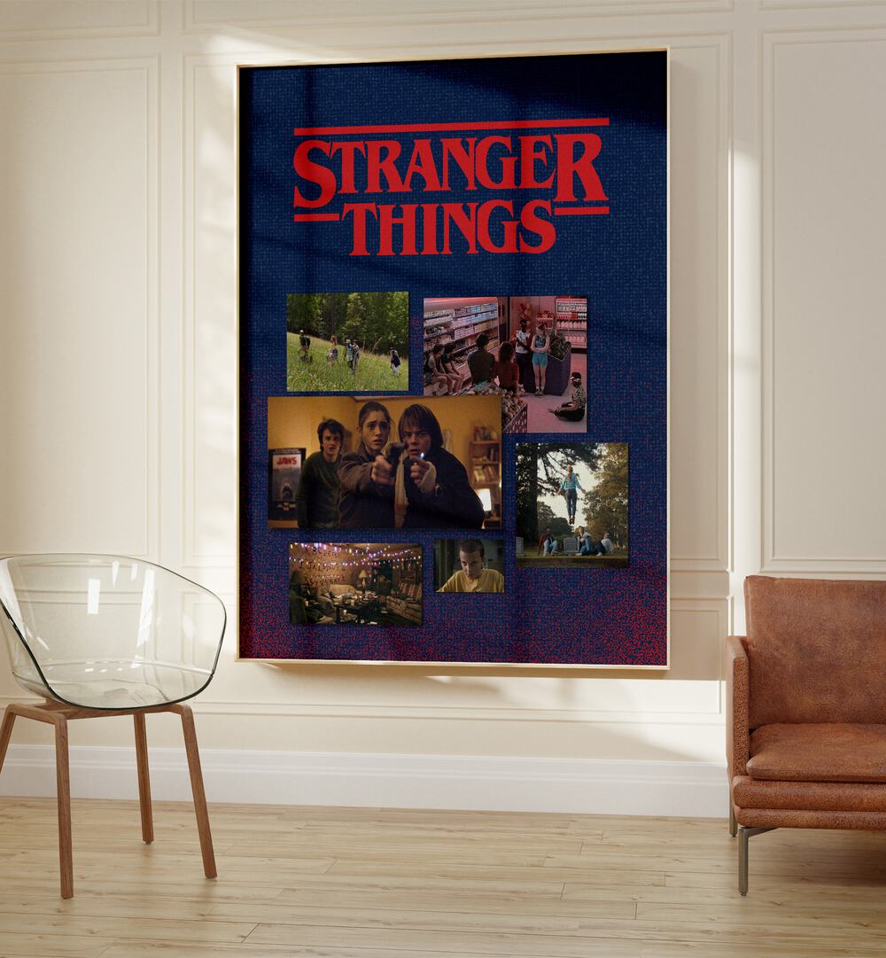 Stranger Things By Grishma Korjani Movie Posters in Oak Wood Plain Frame place d on a Cream Colored Wall in the Drawing Room