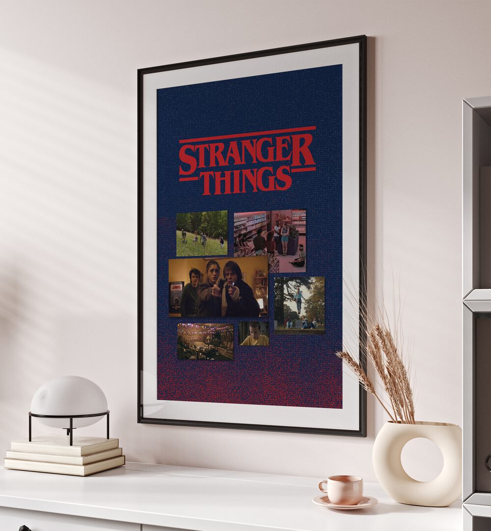 Stranger Things By Grishma Korjani Movie Posters in Black Frame With Mount placed on a Cream Colored Wall in the Drawing Room 