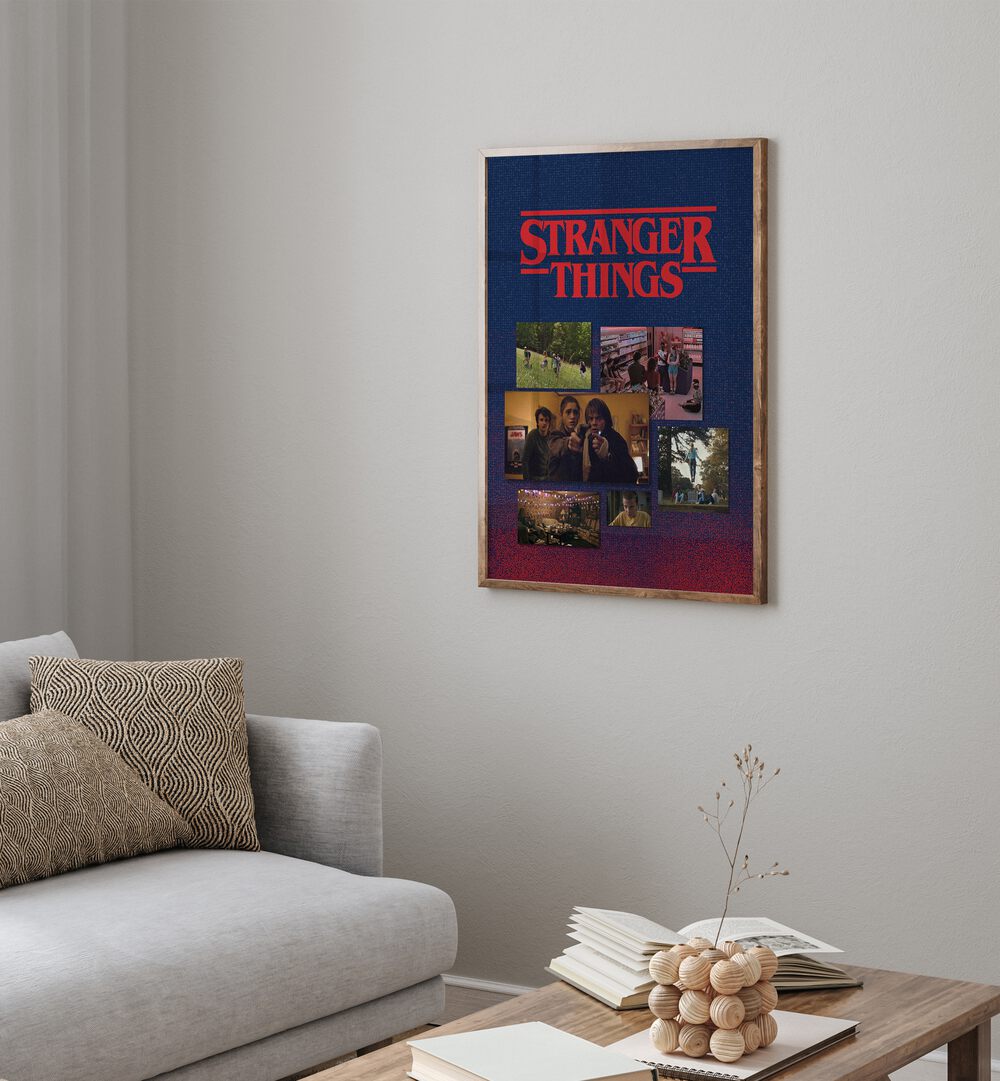 Stranger Things By Grishma Korjani Movie Posters in Oak Wood Plain Frame placed on a White Colored Wall in the Living Room