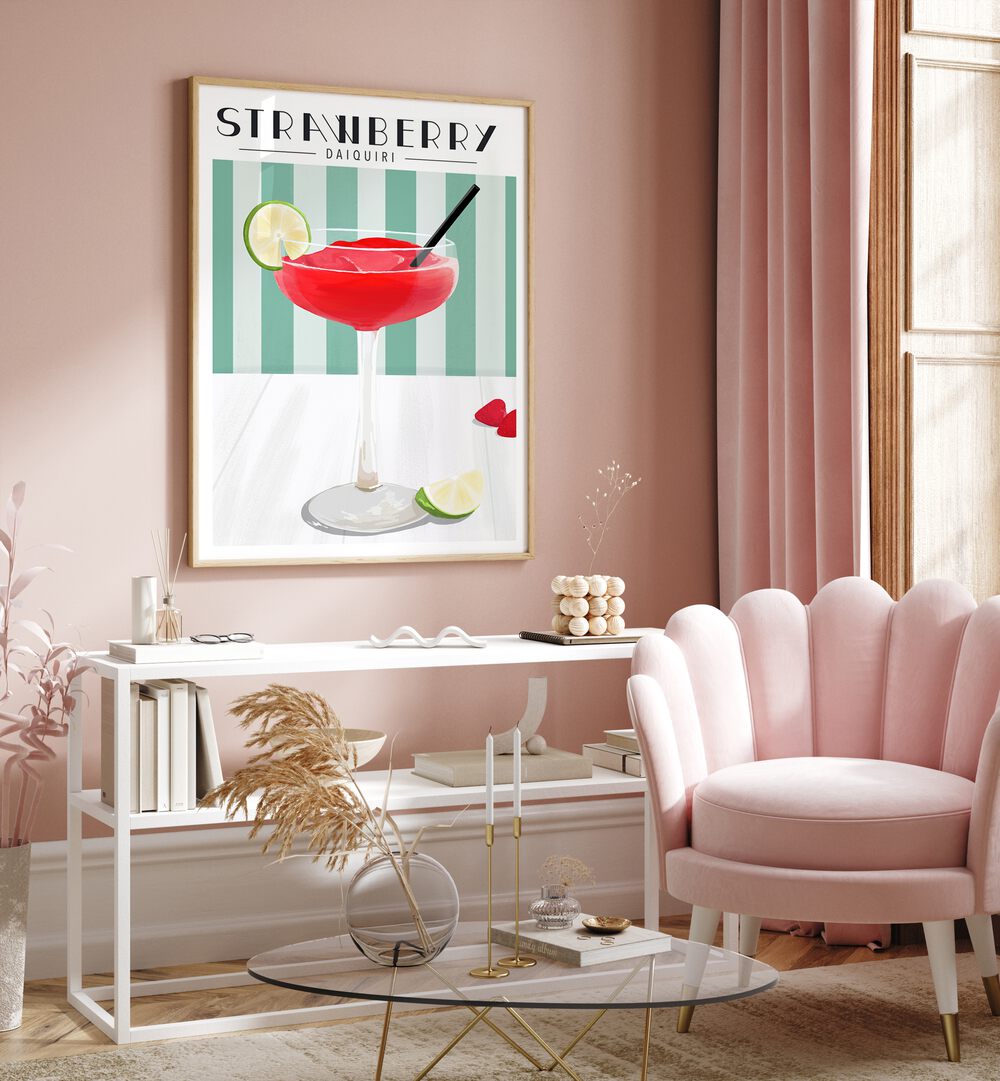 Strawberry Daiquiri By Kammille Cafe Art Prints Cafe Posters in Oak Wood Plain Frame placed on a Pink Colored Wall above a Console Table in the Drawing Room