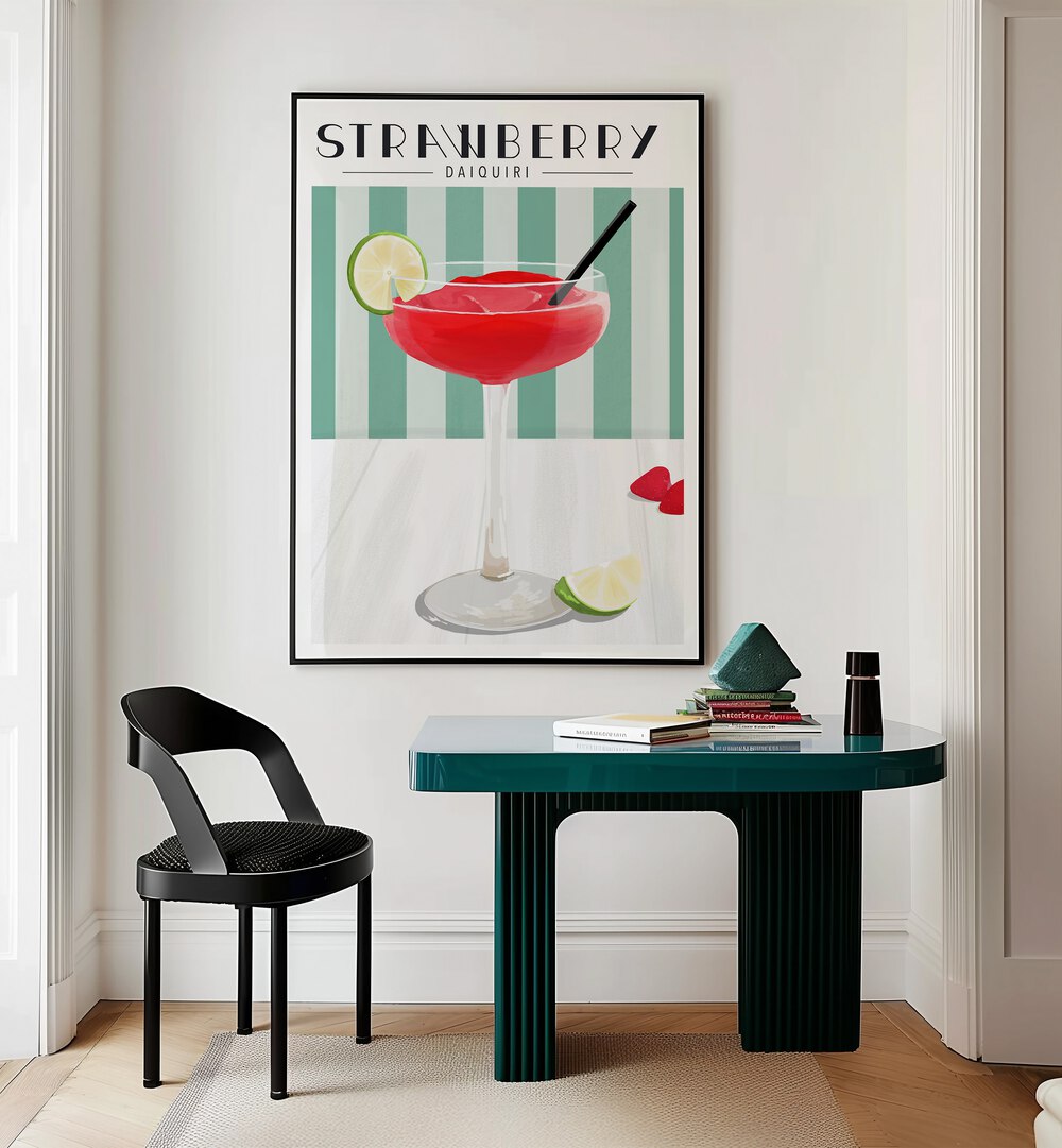 Strawberry Daiquiri By Kammille Cafe Art Prints Cafe Posters in Black Plain Frame placed on a Cream Colored Wall near a Table in a Workspace in the Drawing Room