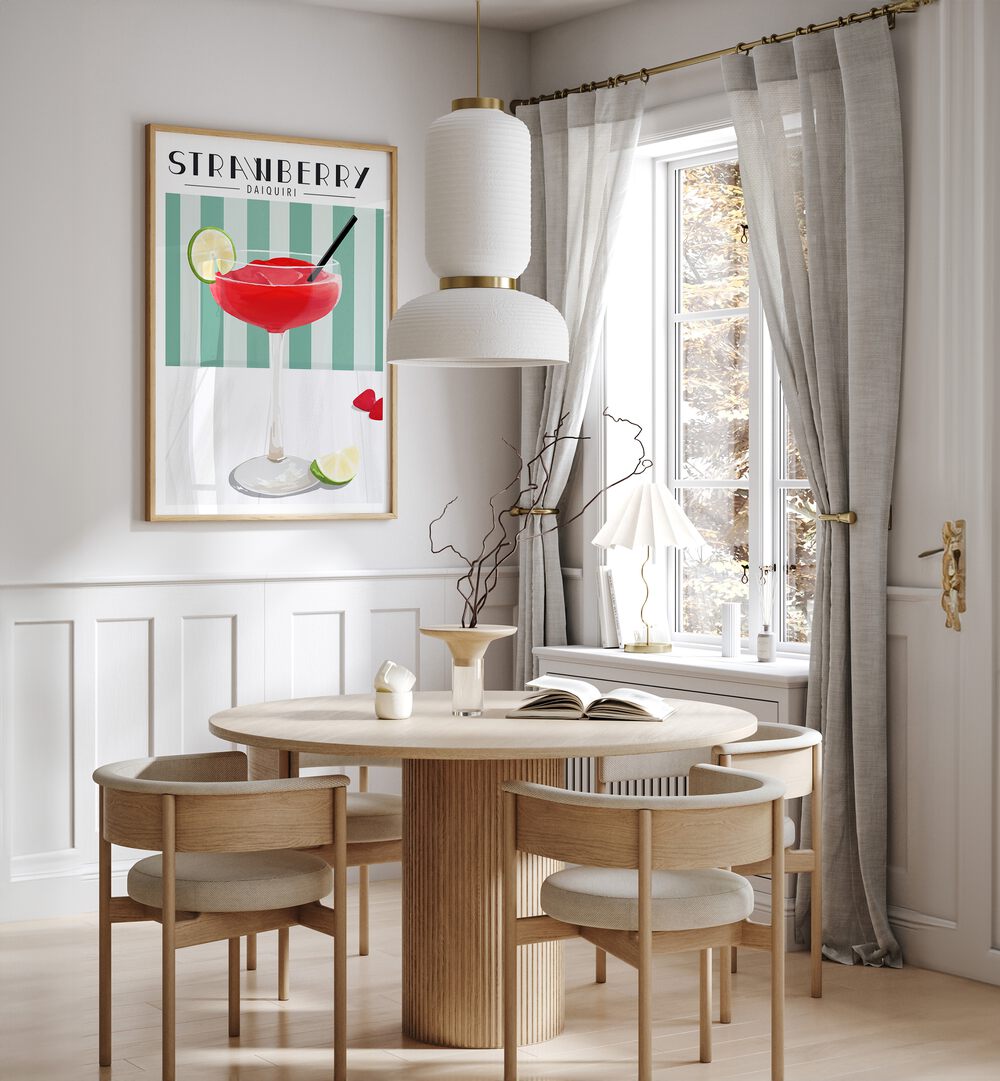 Strawberry Daiquiri By Kammille Cafe Art Prints Cafe Posters in Oak Wood Plain Frame placed on a White Colored Wall near a Coffee Table in the Dining Room