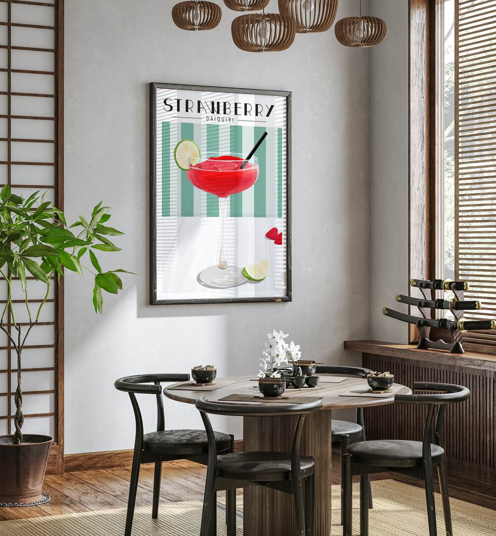 Strawberry Daiquiri By Kammille Cafe Art Prints Cafe Posters in Dark Wood Plain Frame placed on a White Colored Wall near a Coffee Table in the Dining Room