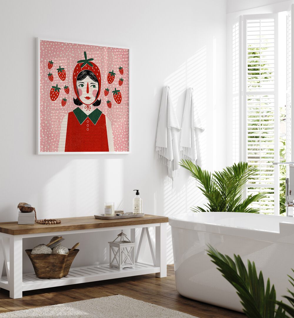 Strawberry Girl By Julia Leister Women Illustration Paintings in White Plain Frame on white wall placed in a bathroom