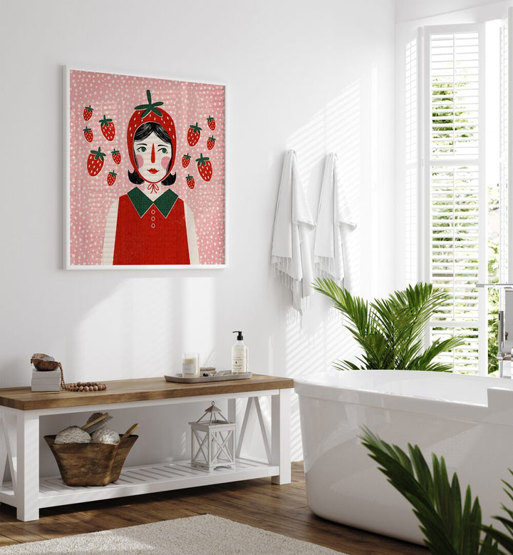 Strawberry Girl By Julia Leister Women Illustration Paintings in White Plain Frame on white wall placed in a bathroom