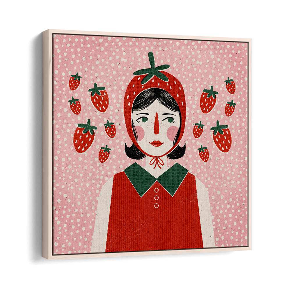 Strawberry Girl By Julia Leister Women Illustration Paintings in Oak Wood Floater Frame