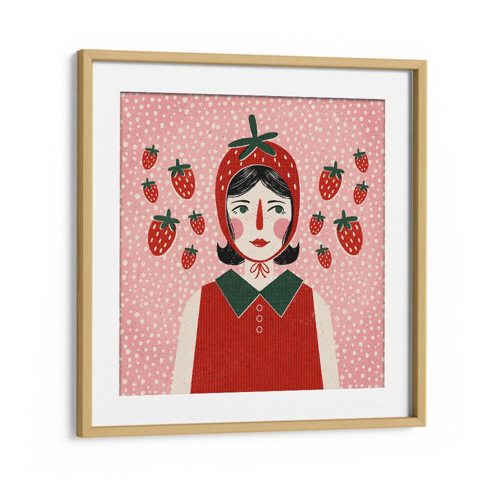 Strawberry Girl By Julia Leister Women Illustration Paintings in Oak Wood Frame With Mount