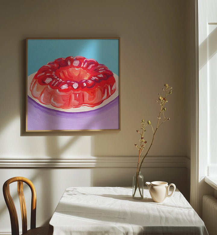 Strawberry Jello By Key And Sea Creative Bar and Cafe Art Print in Oak Wood Plain Frame on a cream wall behind a table beside a window