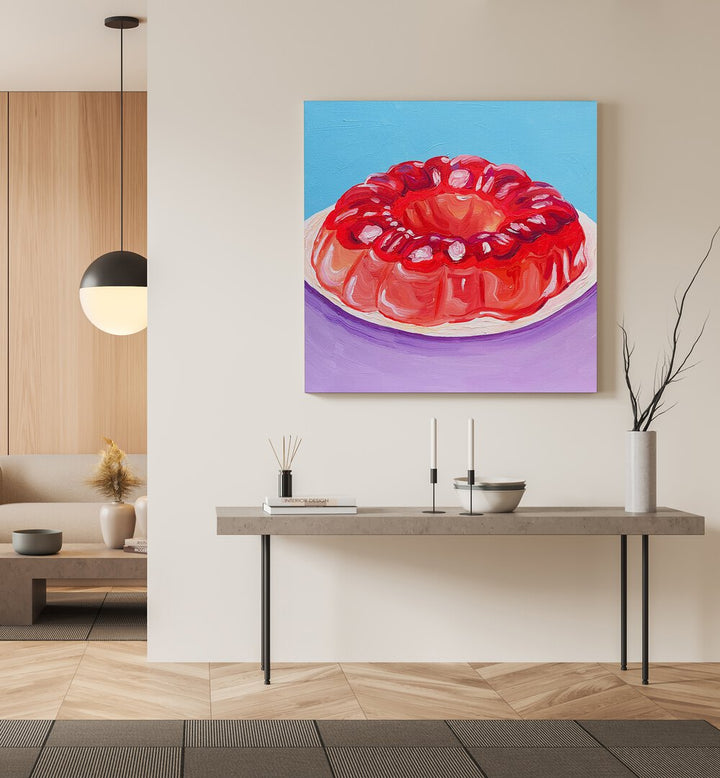 Strawberry Jello By Key And Sea Creative Bar and Cafe Art Print in Gallery Wrap on a cream wall above a table 