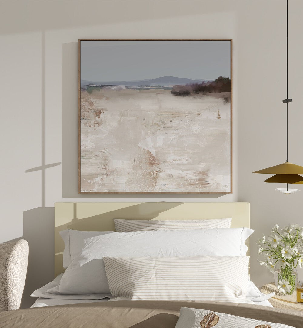 Stream By Dan Hobday Abstract Art Abstract Paintings in Oak Wood Plain Frame placed on a Cream Colored Wall Behind a Bed in the Bedroom