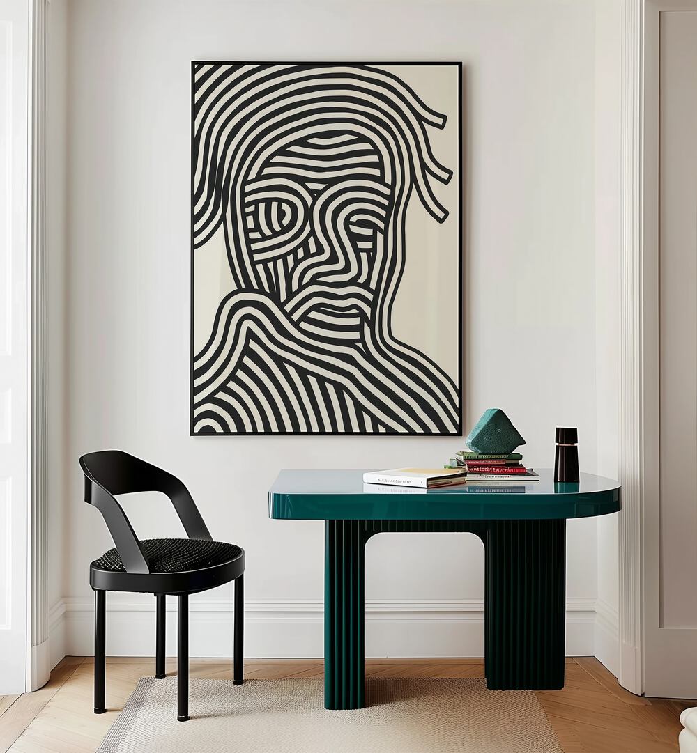 Stripe Portrait By Little Dean Abstract Art Abstract Paintings in Black Plain Frame placed on a Cream Colored Wall near a Workspace Table in the Drawing Room