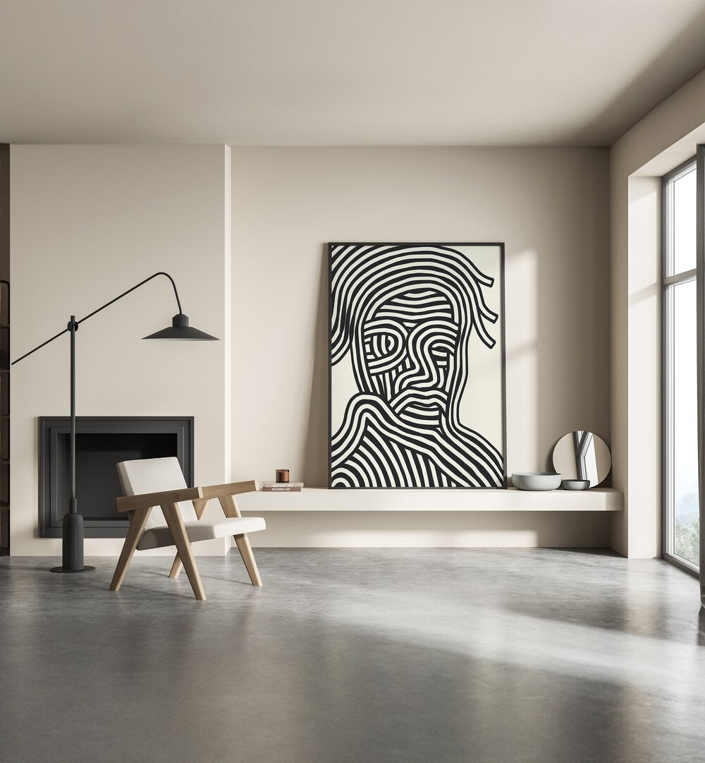 Stripe Portrait By Little Dean Abstract Art Abstract Paintings in Black Plain Frame placed on a Shelf near a Cream Colored Wall in the Drawing Room