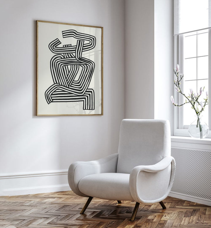 Stripe Woman Portrait By Little Dean Abstract Art Abstract Paintings in Oak Wood Plain Frame placed on a White Colored Wall in the Drawing Room