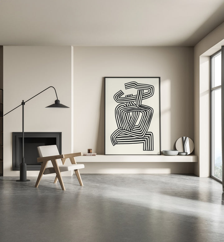 Stripe Woman Portrait By Little Dean Abstract Art Abstract Paintings in Black Plain Frame placed on a Shelf near a Cream Colored Wall in the Drawing Room