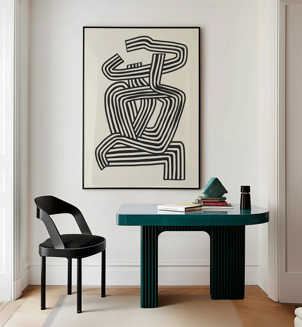 Stripe Woman Portrait By Little Dean Abstract Art Abstract Paintings in Black Plain Frame placed on a Cream Colored Wall near a Workspace Table in the Drawing Room