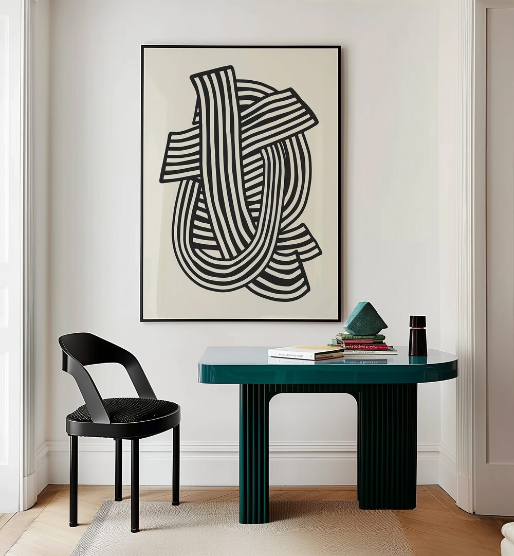 Striped Abstract In Black By Little Dean Abstract Art Abstract Paintings in Black Plain Frame placed on a Cream Colored Wall near a Workspace Table in the Drawing Room