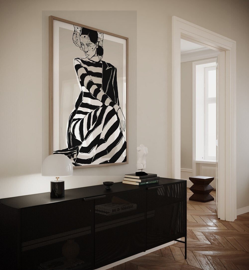 Striped Dress By Treechild Women Illustration Paintings in Oak Wood Plain Frame placed on a Cream Colored Wall above a Console Table in the Alley Way