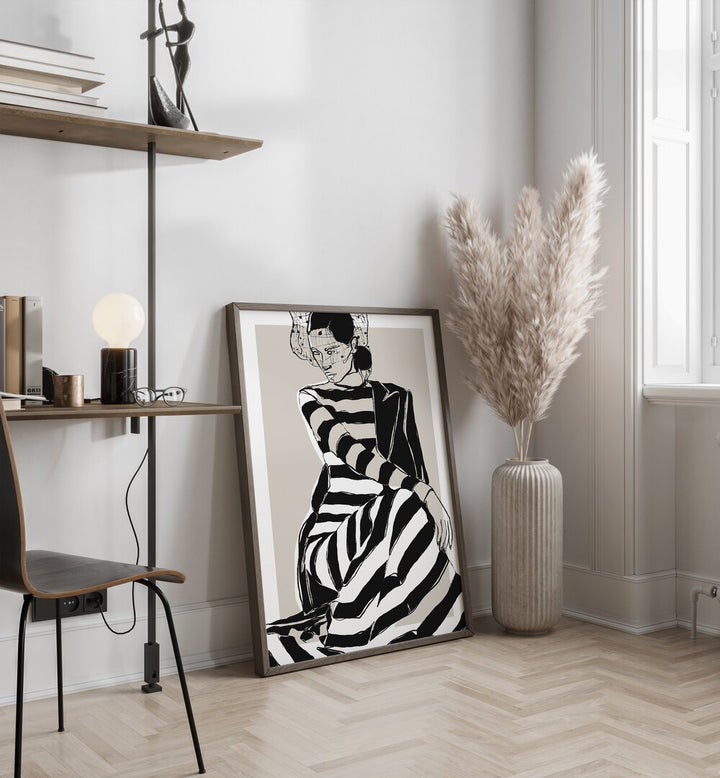 Striped Dress By Treechild Women Illustration Paintings in Black Plain Frame placed on the floor near a White Colored Wall in the Drawing Room