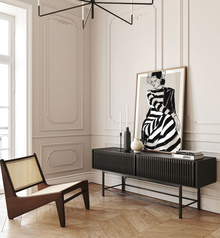 Striped Dress By Treechild Women Illustration Paintings in Oak Wood Plain Frame placed on a Console Table near a Cream Colored Wall in the Drawing Room