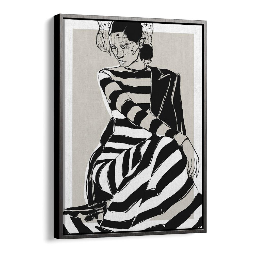 Striped Dress by Treechild Women Illustration Paintings in Black Floater Frame