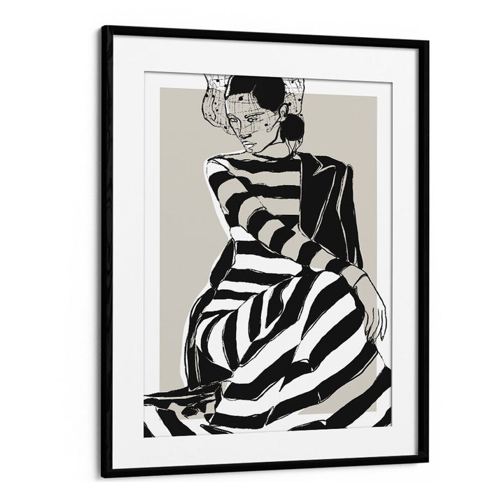 Striped Dress by Treechild Women Illustration Paintings in Black Frame With Mount