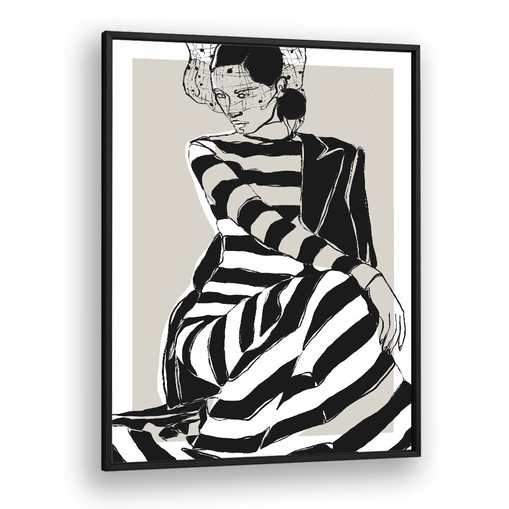 Striped Dress by Treechild Women Illustration Paintings in Black Plain Frame