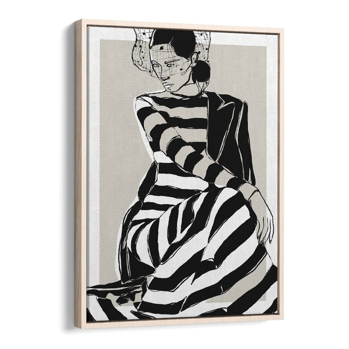 Striped Dress by Treechild Women Illustration Paintings in Oak Wood Floater Frame