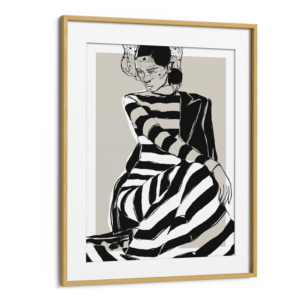 Striped Dress by Treechild Women Illustration Paintings in Oak Wood Frame With Mount