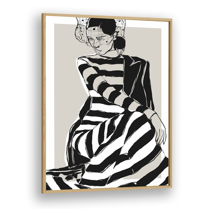 Striped Dress by Treechild Women Illustration Paintings in Oak Wood Plain Frame