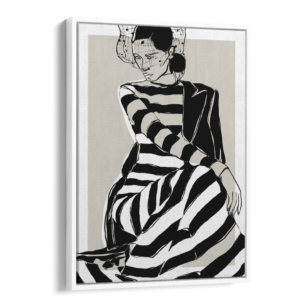 Striped Dress by Treechild Women Illustration Paintings in White Floater Frame