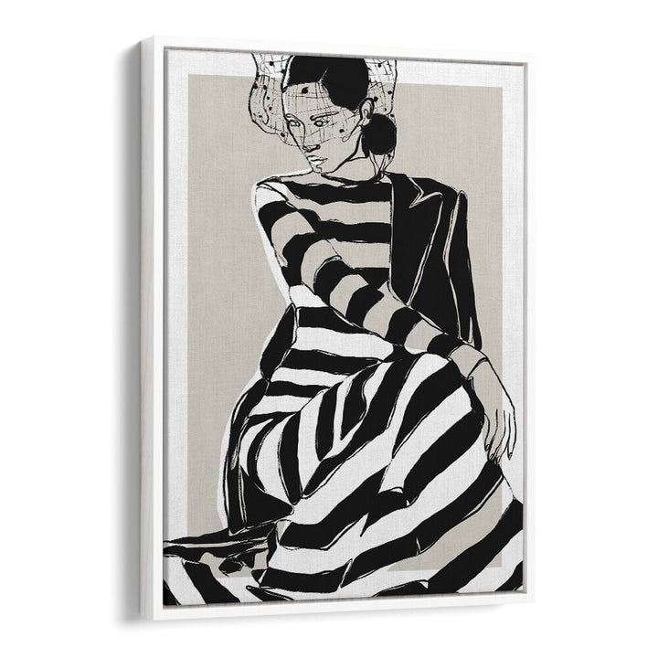 Striped Dress by Treechild Women Illustration Paintings in White Floater Frame