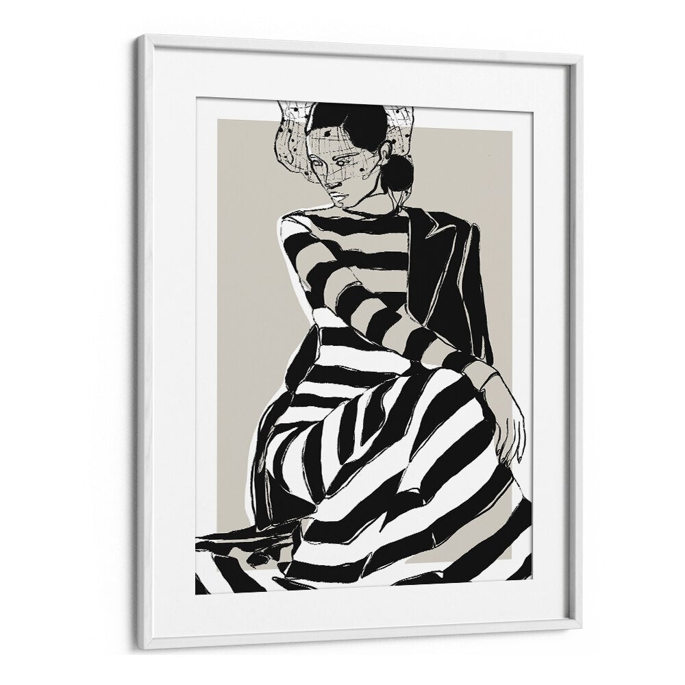 Striped Dress by Treechild Women Illustration Paintings in White Frame With Mount