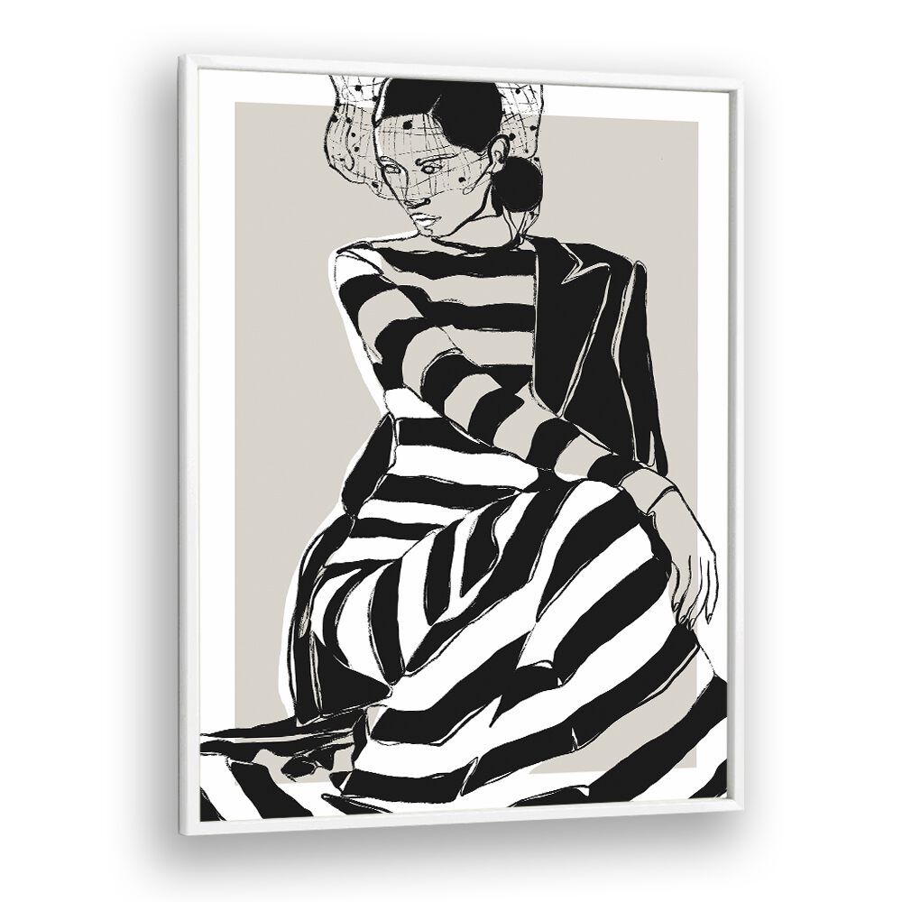 Striped Dress by Treechild Women Illustration Paintings in White Plain Frame