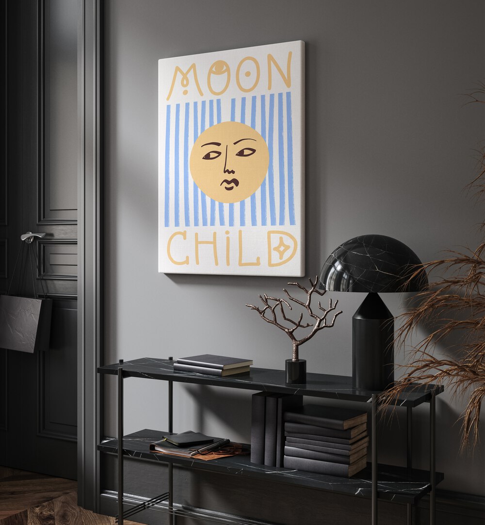 Whimsical STRIPED MOON CHILD art piece from Grace Digital Art Co., perfect for KIDS ROOM PAINTINGS to inspire creativity.