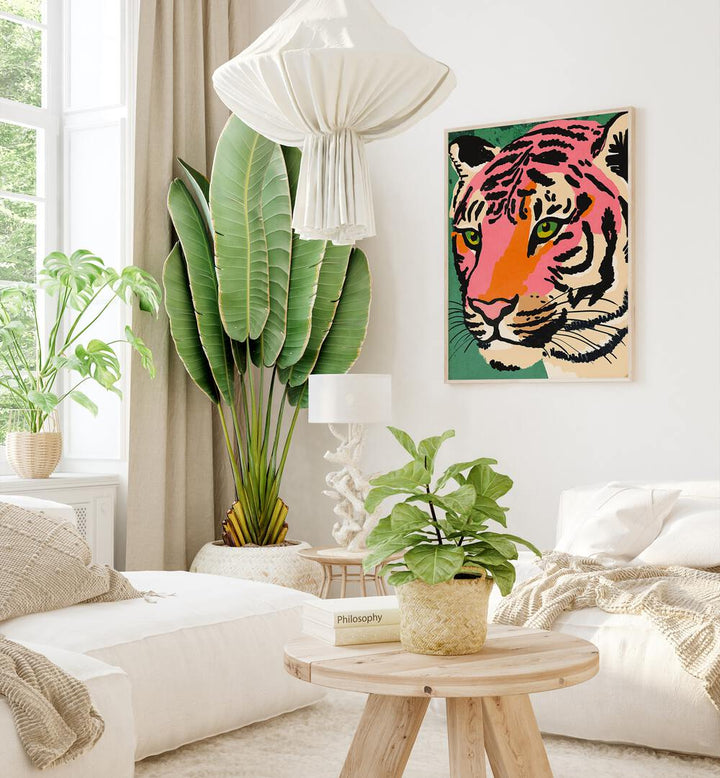 Strong Look By Treechild Kids Paintings in Oak Wood Plain Frame placed on a White Colored Wall near a White Sofa in the Living Room