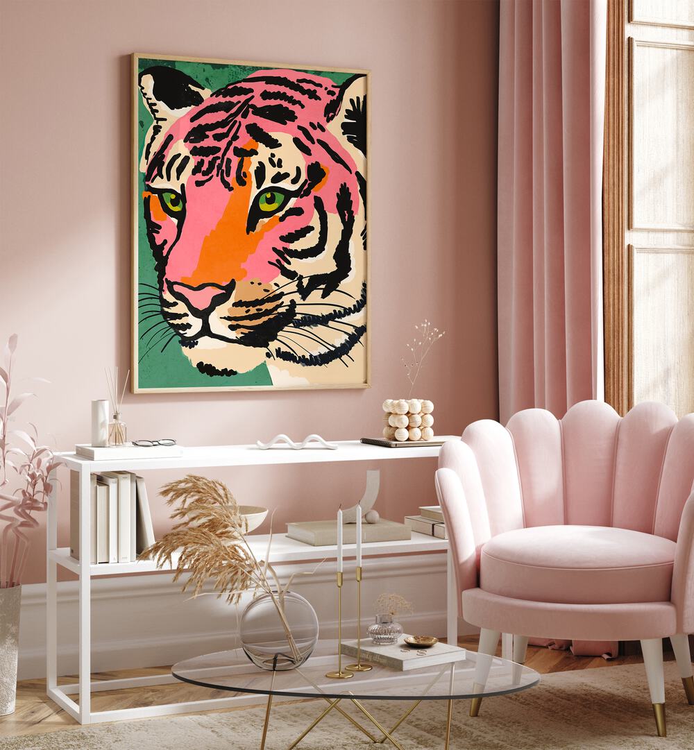 Strong Look By Treechild Kids Paintings in Oak Wood Plain Frame placed on a Pink Colored Wall above a Console Table in the Drawing Room