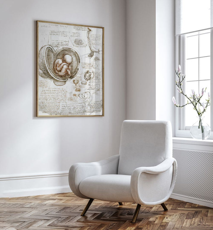 Studies Of The Foetus In The Womb Circa 1510-1513 Vintage Paintings in Oak Wood Plain Frame placed on  a white wall beside a white sofa and a window