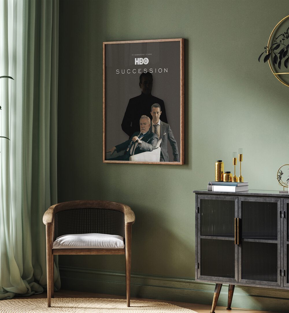 Succession By Grishma Korjani Movie Posters in Oak Wood Plain Frame placed on a Green Colored Wall in the Drawing Room